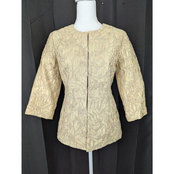 CHICO'S! STUNNING GOLD, RIBBON EMBROIDERED, 3/4 SLEEVE JACKET, BLAZER! SZ 2/4 - Picture 2 of 10